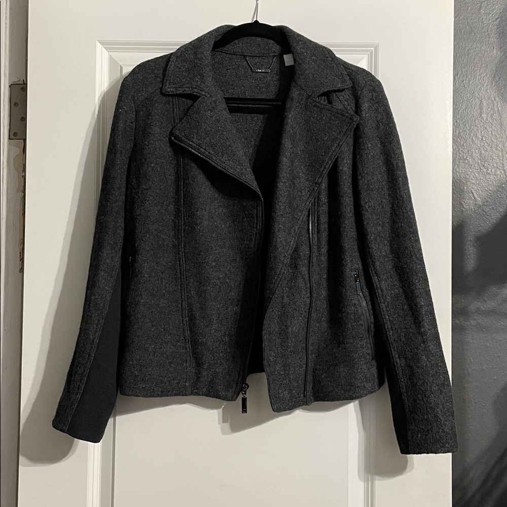 CHICOS Gray Boiled Wool Blend Knit Zip Front Moto Biker Jacket Coat Size Medium - Picture 7 of 15
